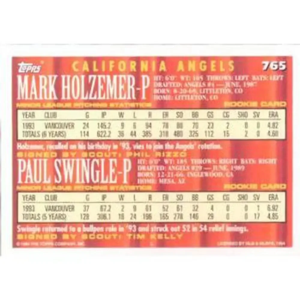 1994 Topps Mark Holzemer / Paul Swingle CA, RC # 765 California Angels